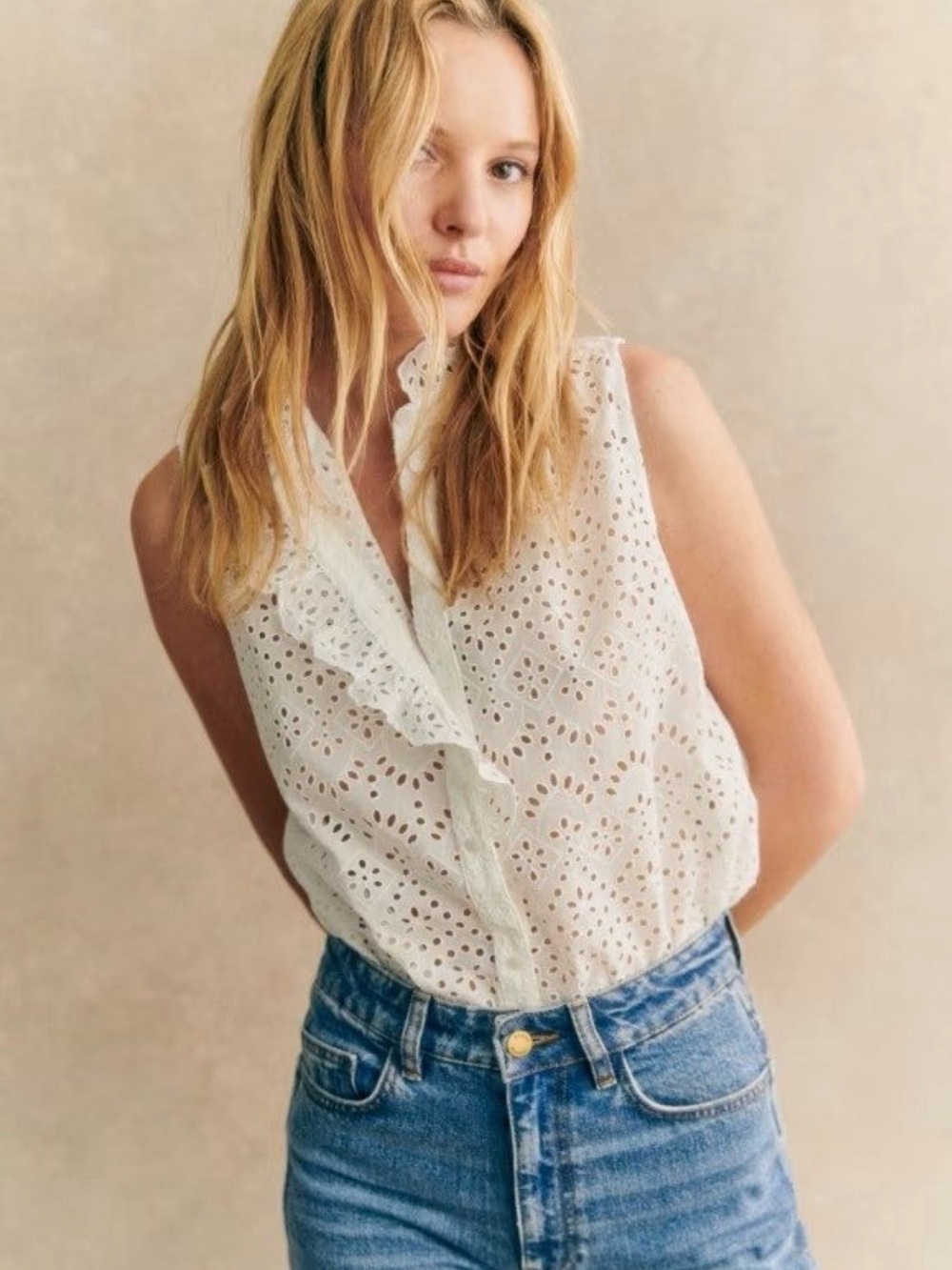 Sezane White Sleeveless Eyelet Ruffle Blouse